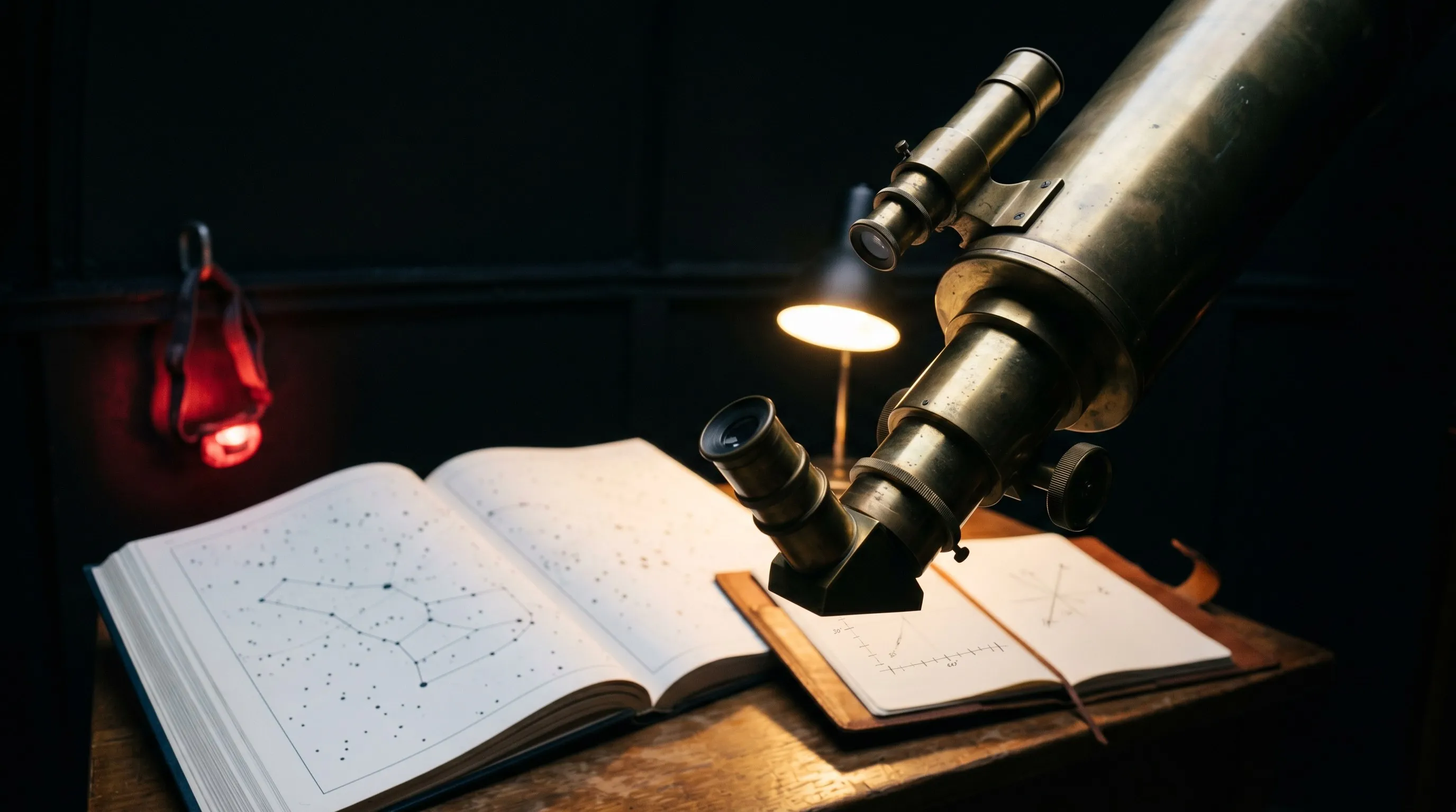 Astronomer’s observatory desk at night: a brass refracting telescope tube angled above an open star atlas showing connected constellation dots, a small notebook of coordinate sketches beside it, lit by a warm desk lamp and a red-filtered headlamp on a hook.