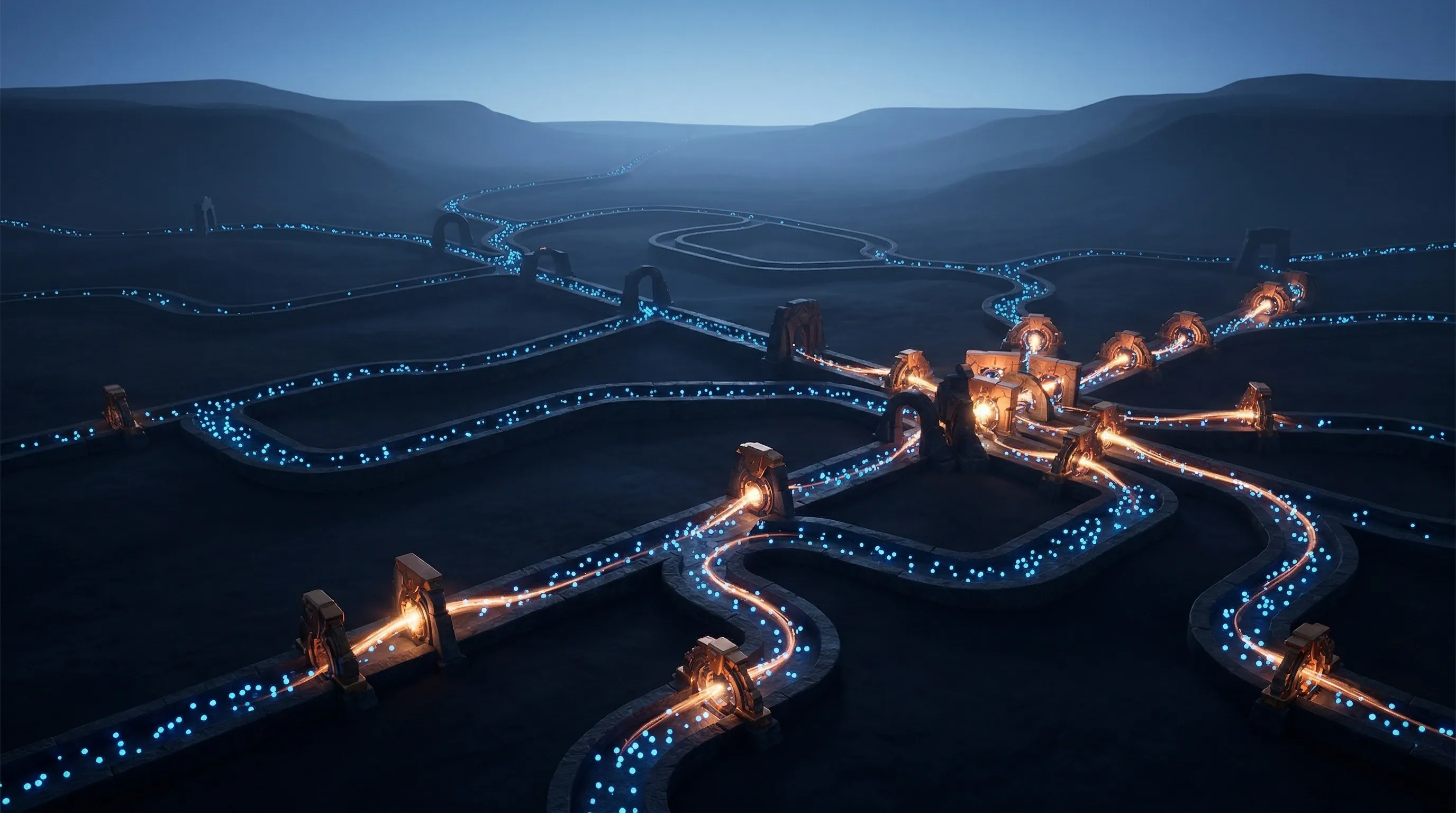 Winding channels with copper gate mechanisms firing as luminous particles pass through — automated precision at the right moment