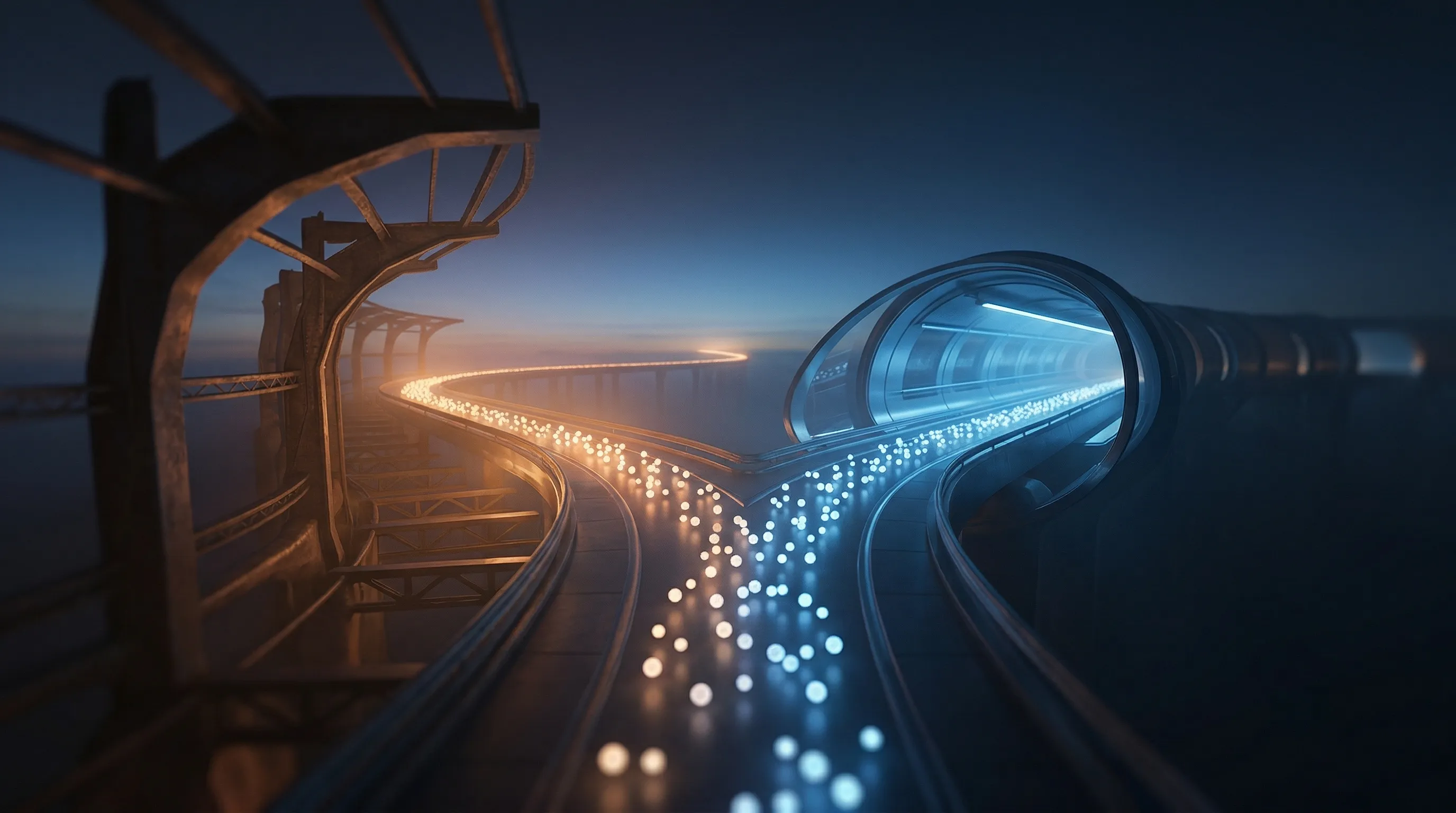 A fork in a luminous pathway — an open bridge diverging from an enclosed tunnel, data orbs choosing their route