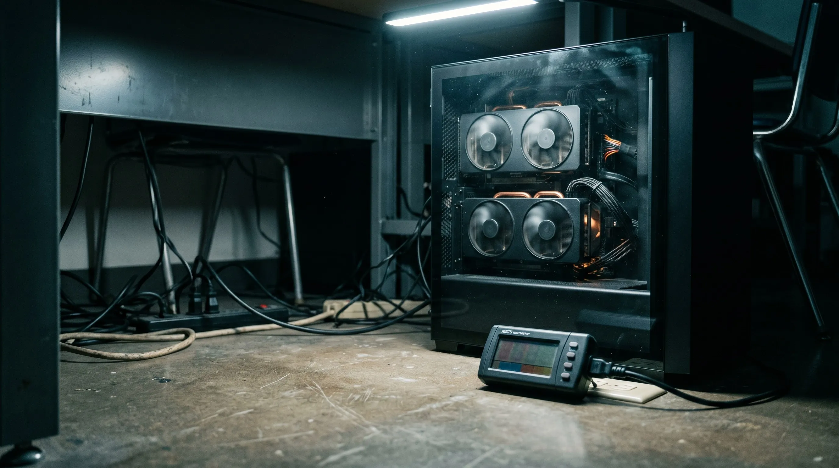 ATX workstation under a bench with a glass side panel revealing two dual-fan GPUs caught mid-rotation, copper heatpipes and braided power cables visible inside, a handheld digital wattmeter on the floor beside it.